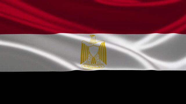 Realistic 3D animation of the national flag of Egypt waving smoothly in the wind featuring the red white and black horizontal stripes with the golden eagle emblem in the center