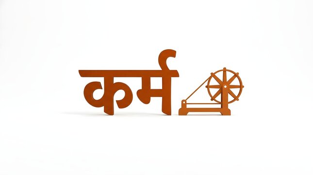 Brown word karma and spinning wheel symbol Gandhi concept.