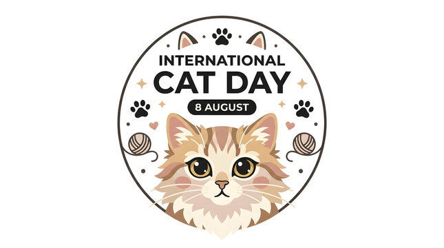 International cat day circular badge design with cute illustration of a fluffy tabby kitten, domestic