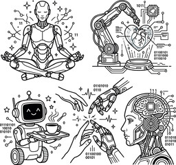 Obraz premium Artificial Intelligence and Humanoid Robot Technology Line Art Doodle Set with Cybernetic Android Meditation Robotic Arm and Cyborg Brain Concept Vector Illustration