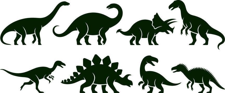 Different types of dinosaur silhouettes in various poses and shapes  isolated on white