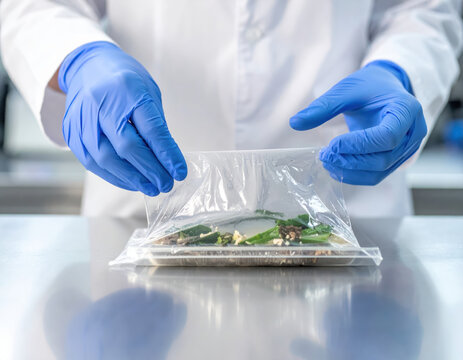 Gloved hand sealing food tray in clear plastic bag on steel table in clean kitchen