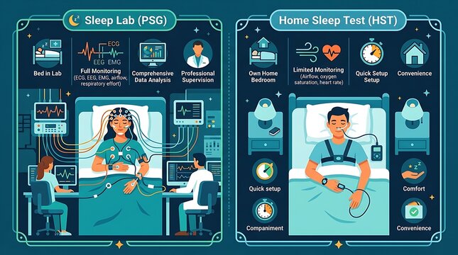 Infographic comparing clinical polysomnography and home sleep testing