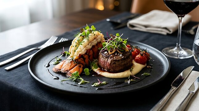 Grilled salmon fillet with herbs on a dark plate. lobster tail and steak