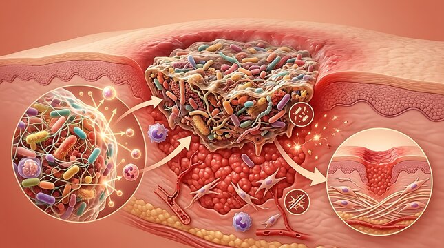 Medical illustration of a skin wound with bacterial biofilm infection
