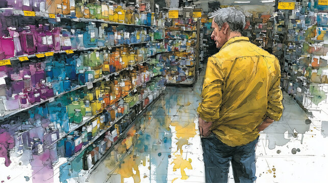Watercolor painting of a shopper analyzing price tags and features of items on a retail shelf, showcasing consumer behavior insights