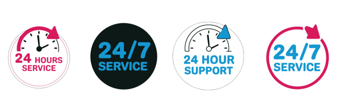 24 Hour Service Vector Icon Collection With Customer Support, Same Day Delivery, Fast Shipping, Clock, Discount Badge And Business Line Icons.