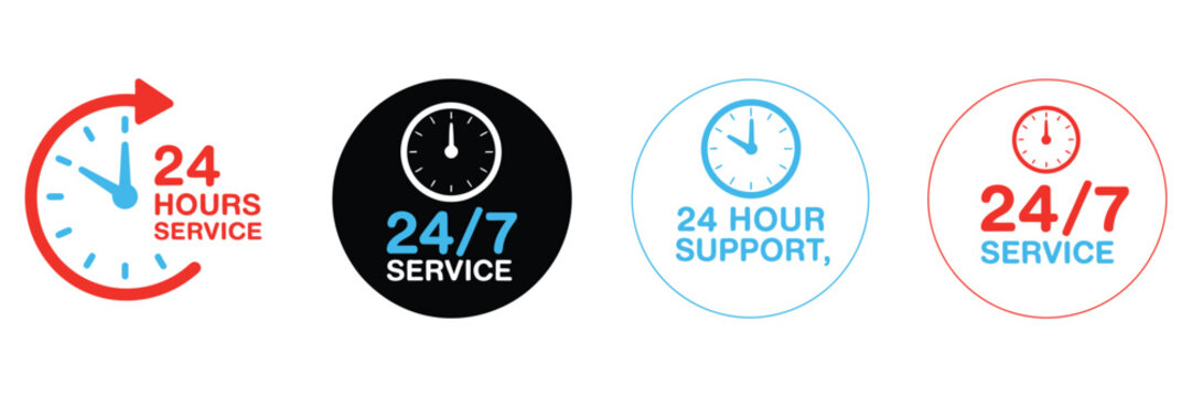 24 Hour Service Vector Icon Collection With Customer Support, Same Day Delivery, Fast Shipping, Clock, Discount Badge And Business Line Icons.