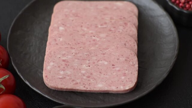 Canned spiced ham slices for holiday sandwiches. Ham slices as a food background for your design