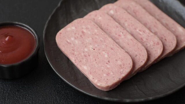 Canned spiced ham slices for holiday sandwiches. Ham slices as a food background for your design