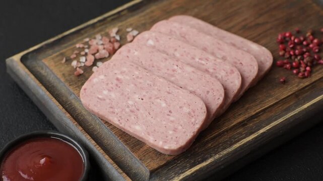 Canned spiced ham slices for holiday sandwiches. Ham slices as a food background for your design