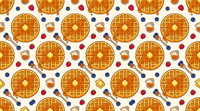 Seamless pattern of golden breakfast waffles with berries and syrup