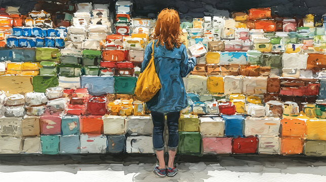 Watercolor painting of a shopper analyzing price tags and features of items on a retail shelf, showcasing consumer behavior insights