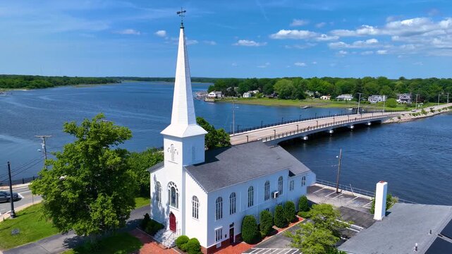 Barrington Congregational Church (White Church) aerial view on Barrington River at 461 County Road, Barrington, Rhode Island RI, USA. 