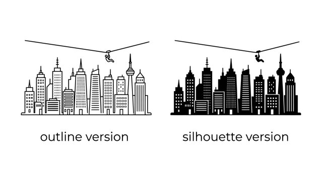 Cityscape Duo: Two distinct styles, outline and silhouette, present a modern cityscape with a person zip-lining between buildings.