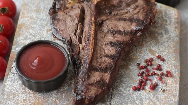 T-bone steak, beef meat grilled until done rare with salt and spices. T-bone steak