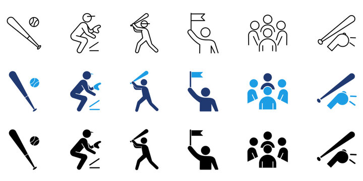 Baseball and Softball sport icon collections. Containing Bat, Ball, Batter, Whistle, Coach and more icons.
