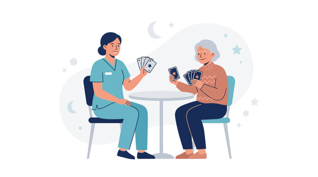 Nurse playing cards with elderly patient, promoting well-being and companionship in care setting