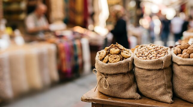 Burlap sacks of dried figs and nuts at a traditional bazaar