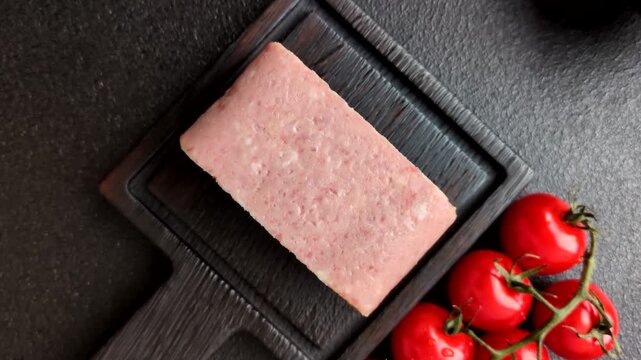 Canned spiced ham slices for holiday sandwiches. Ham slices as a food background for your design