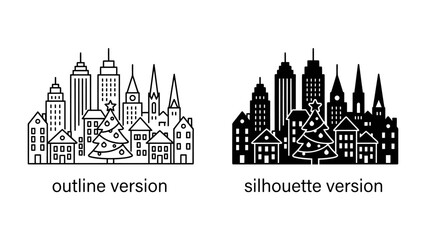 Naklejka premium Christmas Cityscape Icons: A charming depiction of a festive city skyline, complete with buildings and a decorated Christmas tree.