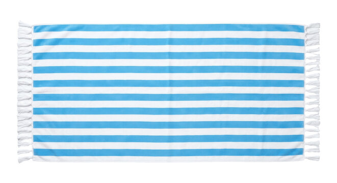 A vibrant blue and white striped beach towel with fringe on a plain background.