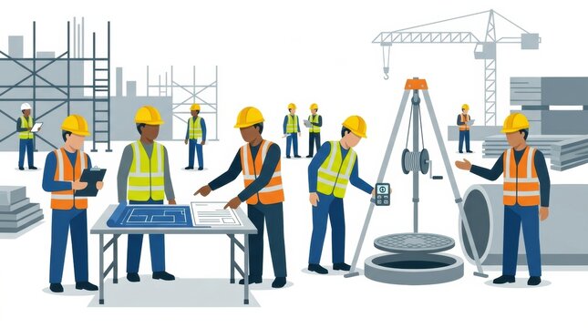 Workers review plans and discuss safety permits for confined space entry at an industrial site with machinery and construction materials around