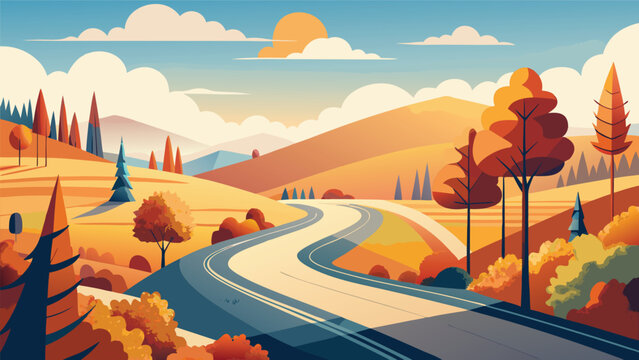 Autumn road trip landscape featuring winding highway through golden hills and colorful forest landscape mountains environment illustration countryside sunlight destination transportation