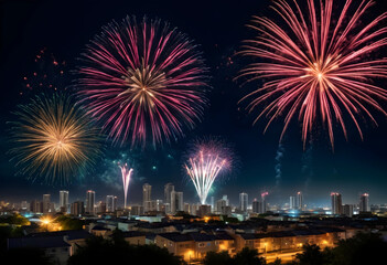 Fototapeta premium Colorful fireworks exploding over a city skyline at night, celebration and holiday event concept, the urban landscape features residential houses and tall buildings illuminated by city lights
