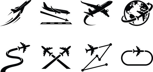 Air Travel Silhouette Collection Featuring Airplanes Flight Paths and Global Transportation Concepts © MD