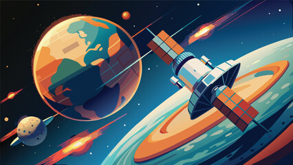 Space satellite orbiting earth with glowing planets and comet trails in deep outer space concept satellite astronomy technology universe exploration communication research scientific orbiting © shachin