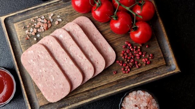 Canned spiced ham slices for holiday sandwiches. Ham slices as a food background for your design