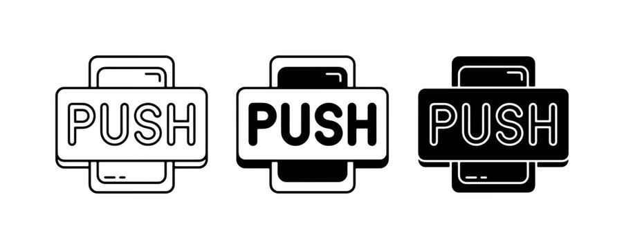 Push Button Icons: Three Styles of Push Door Signs, Vector Graphics for Access and Entry