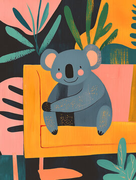 Charming koala nestled in a vibrant artistic jungle scene