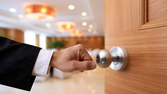 Businessman in a black suit knocking on a wooden door with a silver doorknob in a modern office interior featuring soft lighting and blurred background elements
