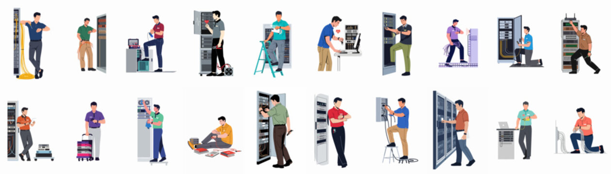 Set of flat illustrations showing IT technicians maintaining, repairing, and managing server racks and networking equipment in a data center.