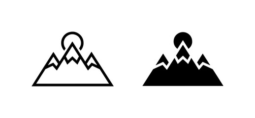 Mountain Icons Set: Minimalist Peaks with Sun, Outline and Silhouette Vector Graphics for Nature and Adventure Themes © Sohana