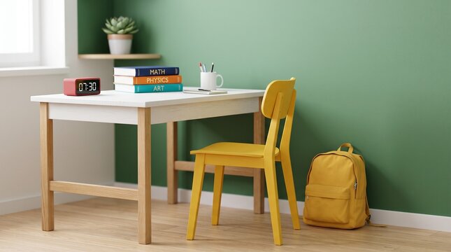 Student desk with books, backpack and clock against a green wall. Back to school concept with empty workspace for learning and study.