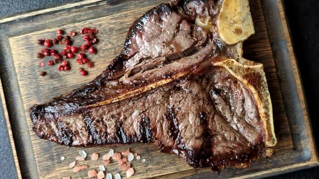 T-bone steak, beef meat grilled until done rare with salt and spices. T-bone steak