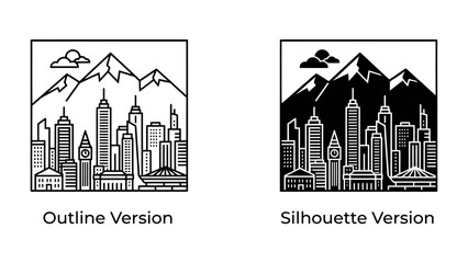 Cityscape Contrast: A striking comparison of a modern city skyline against majestic mountains, presented in both outline and silhouette styles. © rumana