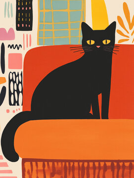 Artistic Illustration of a Black Cat on a Colorful Couch