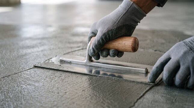 Hands in gloves smoothing wet concrete with a trowel tool