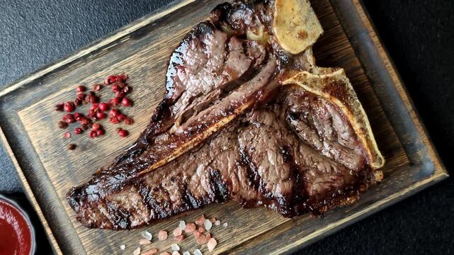 T-bone steak, beef meat grilled until done rare with salt and spices. T-bone steak