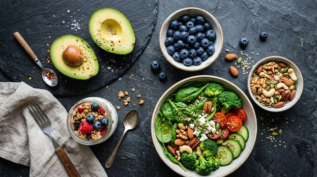 Healthy Food Bowl, Overhead Shot: Avocado, Berries, Nuts, Veggies, Granola