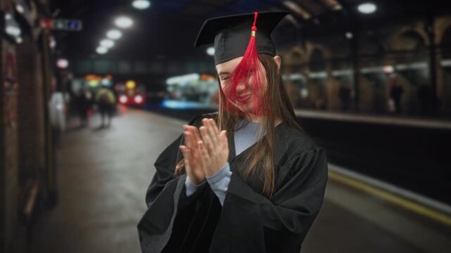 Young woman in graduation gown claps hands and smiles on a platform in a train station building, mortarboard red tassel visible; celebration pride.