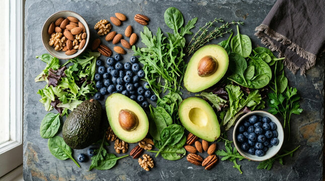 Healthy Food Flat Lay - Avocado, Berries, Nuts, and Greens