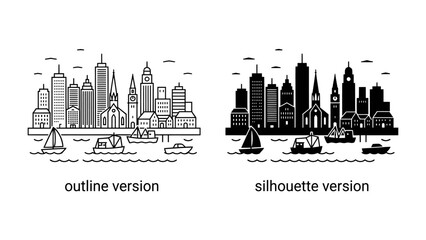 Cityscape Duo: A striking pair of urban landscapes, one in clean outline and the other a bold silhouette, showcase a vibrant city skyline with boats sailing on the water. © sifu