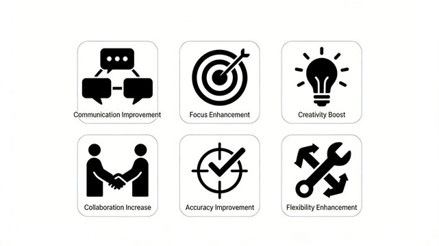The silhouette icon for enhancing workplace soft power represents the concepts of communication, collaboration, focus on innovation, and adaptability to work.
