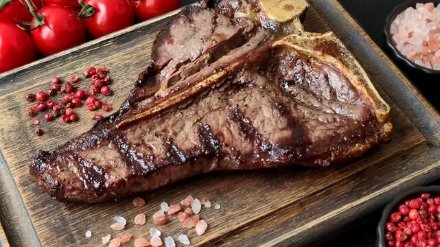 T-bone steak, beef meat grilled until done rare with salt and spices. T-bone steak