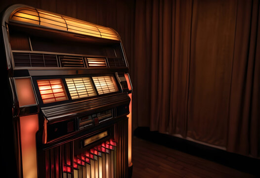 Vintage illuminated jukebox with glowing lights and classic design against a warm brown curtain background, the classic design of the music machine evokes a sense of nostalgia and retro entertainment